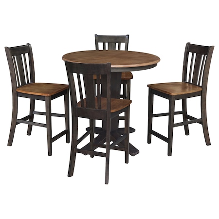 International Concepts 36 in. Solid Wood Round Extension Dining Table with 4 Counter Height Stools in Hickory/Washed Coal K45-36RXT-23B-S102-4